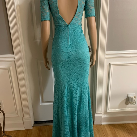 Women junior blue green lace bodycon mermaid maxi dress size (S) zipper back - Picture 8 of 14